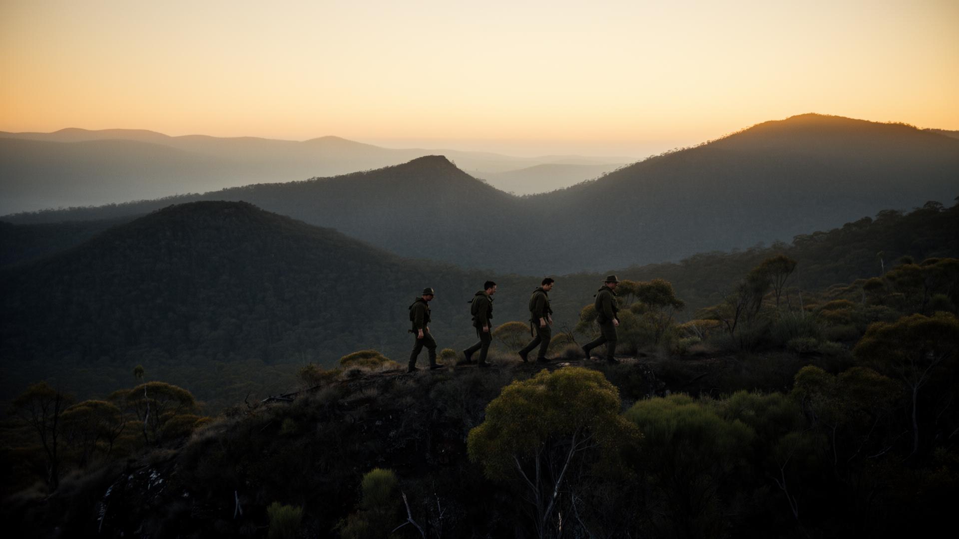 Group of men walking an Australian bushland ridgeline at dawn